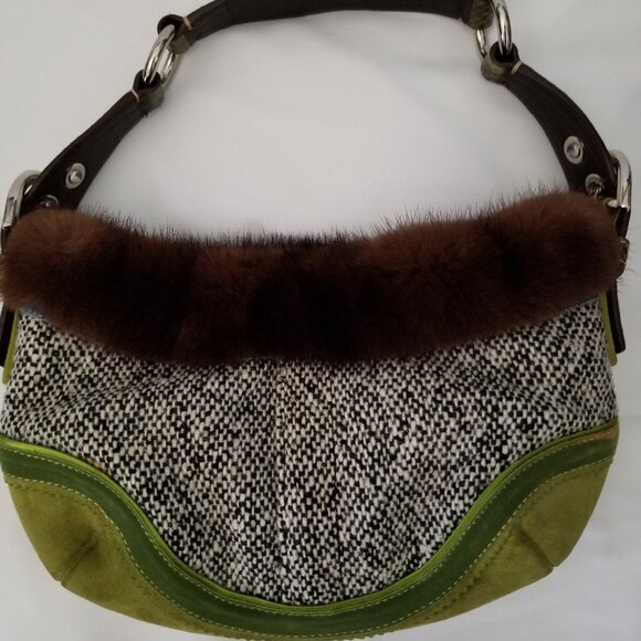 Authentic Coach RARE Limited Edition Vintage Tweed Suede Python Fur Hobo Purse - Picture 1 of 8